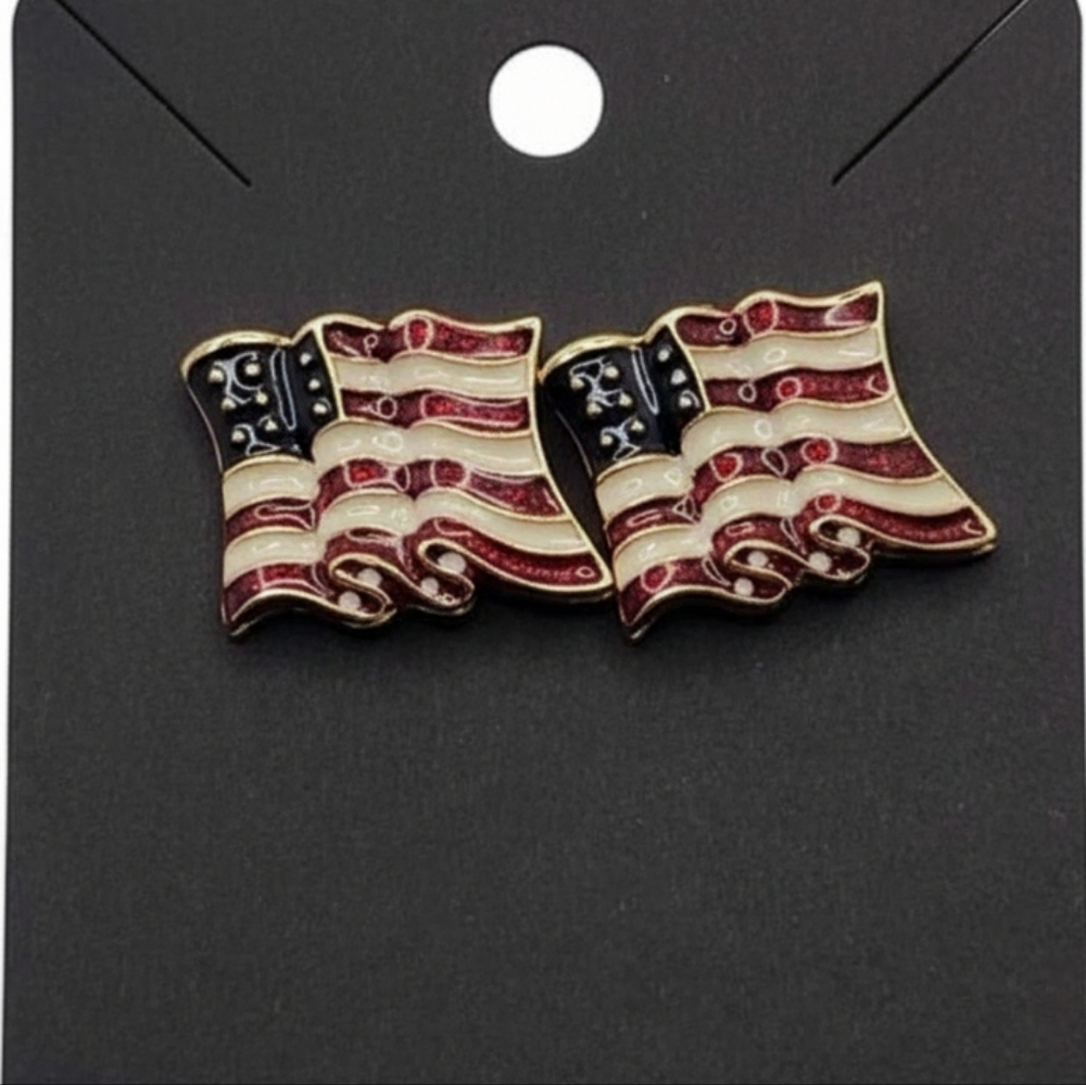 Vintage USA Waving Flags  Red White Blue Gold  Earrings 4th Of July Patriotic